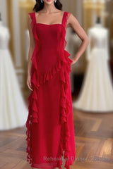 Square Neck Red Ruffle Chiffon Long Party Dress