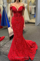 Off the Shoulder Red Sheer Lace Corset Mermaid Semi Formal Prom Dress