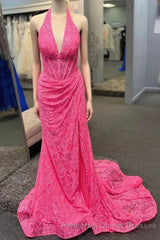 Halter Hot Pink Lace Ruched Mermaid Semi Formal Prom Dress