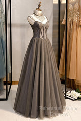 Glam Grey Beaded Tulle Long Evening Dress Party Dress, A-Line Straps Evening Formal Dresses