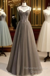 Glam Grey Beaded Tulle Long Evening Dress Party Dress, A-Line Straps Evening Formal Dresses