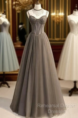 Glam Grey Beaded Tulle Long Evening Dress Party Dress, A-Line Straps Evening Formal Dresses
