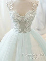 Glam White And Mint Green Tulle With Lace Party Dress, Straps Formal Dress Evening Dress