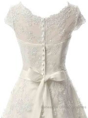 Glamorous Cap Sleeves Covered Button Ribbon Wedding Dress