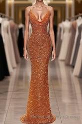 Glamorous Long Mermaid Spaghetti Straps Sequined Semi Formal Prom Dresses