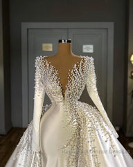 Glamorous Long Sleeve Pearls Wedding Dresses V-Neck With Detachable Train Online