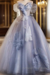 Glitter A-Line Off Shoulder Tulle Flower Quinceanera Dress Blue Long Semi Formal Prom Dress Beautiful