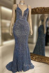 Glitter Mermaid Semi Formal Prom Dresses Long Spaghetti Straps V Neck Open Back Formal Evening Party Gowns