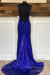 Glitter Royal Blue  Sequins Semi Formal Prom Dresses Regency Backless Mermaid Formal Dress