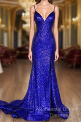 Glitter Royal Blue  Sequins Semi Formal Prom Dresses Regency Backless Mermaid Formal Dress