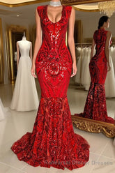 Glittery Long Red Mermaid Sleeveless Semi Formal Prom Dresses Sequin