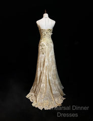 Gold A-Line Spaghetti Strap Satin Lace Long Semi Formal Prom Dress With Beaded Appliques