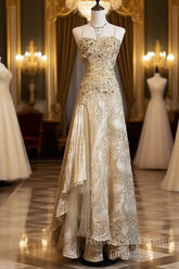 Gold A-Line Spaghetti Strap Satin Lace Long Semi Formal Prom Dress With Beaded Appliques