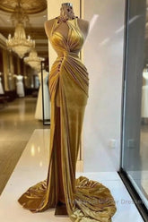 Gold Evening Dresses Sheath High Collar Velvet Beaded Slit Long Turkey Dubai Saudi Arabic Evening Gown Semi Formal Prom Dresses