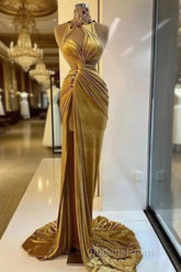 Gold Evening Dress Sheath High Collar Velvet Beaded Slit Long Turkey Dubai Saudi Arabic Evening Gown Evening Prom Dress