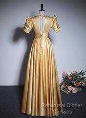 Gold Satin A-Line Short Sleeves Floor Length Party Dress, Gold Simple Formal Dress