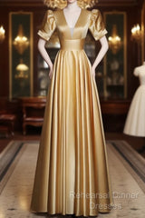 Gold Satin A-Line Short Sleeves Floor Length Party Dress, Gold Simple Formal Dress
