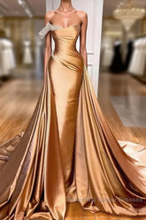 Gold Satin One Shoulder Overskirt Semi Formal Prom Dress