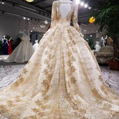 Gold Sequins Ball Gown Wedding Dresses Long Sleeves Open Back