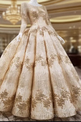 Gold Sequins Ball Gown Wedding Dresses Long Sleeves Open Back
