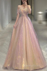 Gold Sparkle A Line Tulle Sequin Long Evening Prom Dress