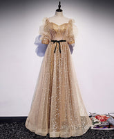 Gold Tulle Long Evening Prom Dress, A line Gold Evening Graduation Party Dress