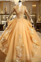 Gold Tulle Long Sleeves Lace Applique Formal Dress, Ball Gown Sweet 16 Dress