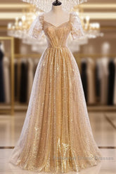 Gold Tulle V Neck Long Semi Formal Prom Dress Gold Tulle Formal Dress