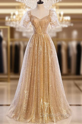 Gold Tulle V Neck Long Evening Prom Dress Gold Tulle Formal Dress