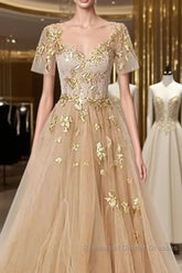 Golden Short Sleeves A-Line Tulle Semi Formal Prom Dress,