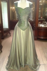 Gorgeous A Line Straps Floor Length Satin Retro Evening Dress Semi Formal Prom Dresses