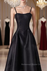 Gorgeous A Line Straps Satin Black Semi Formal Prom Dress