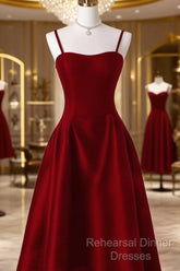 Gorgeous A Line Straps Satin Burgundy Semi Formal Prom Dress