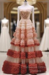 Gorgeous Balll Gown Strapless Tulle Pink Ruffles Long Evening Dress Semi Formal Prom Dresses