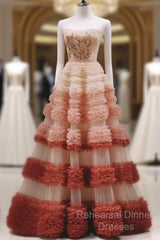 Gorgeous Balll Gown Strapless Tulle Pink Ruffles Long Evening Dress Semi Formal Prom Dresses