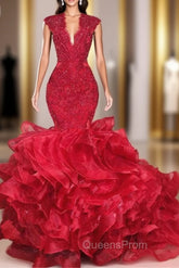 Gorgeous Beads Appliques Red Evening Prom Dress Ruffles Fit and Flare Alluring Evening Gowns