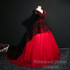 Gorgeous Black And Red Embroidery Quinceanera Dresses, Lace Applique Tulle Gowns