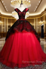 Gorgeous Black And Red Embroidery Quinceanera Dresses, Lace Applique Tulle Gowns
