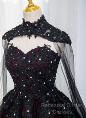 Gorgeous Black And Red Tulle Ball Gown Sweet 16 Dress With Cape, Long Semi Formal Prom Dress