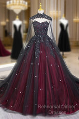 Gorgeous Black And Red Tulle Ball Gown Sweet 16 Dress With Cape, Long Semi Formal Prom Dress