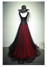 Gorgeous Black And Red V-Neckline Tulle Beaded Prom Dress, Long Evening Gown