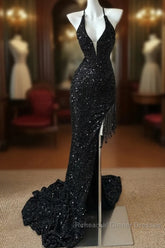 Gorgeous Black Sequin Mermaid Spaghetti Strap Vling Long Semi Formal Prom Dress Backless Formal Evening Dress