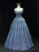 Gorgeous Blue Tulle Layers Beaded Long Wedding Party Dresses, Blue Formal Gown