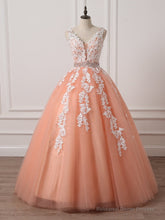 Gorgeous Coral Tulle  High Quality V-neck Lace Appliques Beads Party Dress, Long Formal Dress