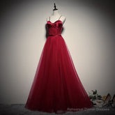 Gorgeous Dark Red Straps Tulle Long Party Dress, A-line Formal Dress