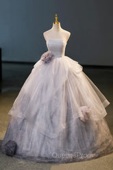 Gorgeous Gray Tulle Long Evening Dress, Gray Strapless Evening Dress