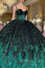 Gorgeous Green Sequins Feathers Ball Gown Quinceanera Dress Formal Sweet 16 Semi Formal Prom Dress