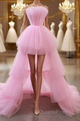 Gorgeous High Low Pink Tulle Long Evening Prom Dress, Pink Tulle Formal Graduation Evening Dress