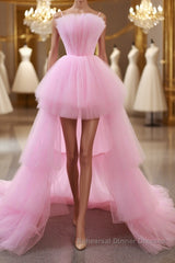 Gorgeous High Low Pink Tulle Long Semi Formal Prom Dresses, Pink Tulle Formal Graduation Evening Dresses