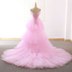 Gorgeous High Low Pink Tulle Long Semi Formal Prom Dresses, Pink Tulle Formal Graduation Evening Dresses